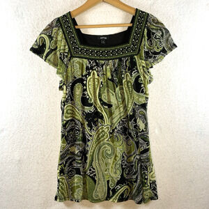 Womens Y2K Sheer Mesh Top Sz‎ M Paisley Fairy Grunge Boho Square Neck Flutter